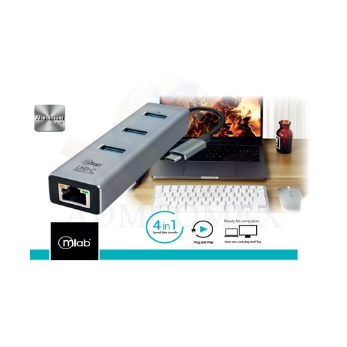 Adaptador USB-C a Red LAN RJ45 Ethernet 10/100mbps HUB-3-AH Blanco USB3.1